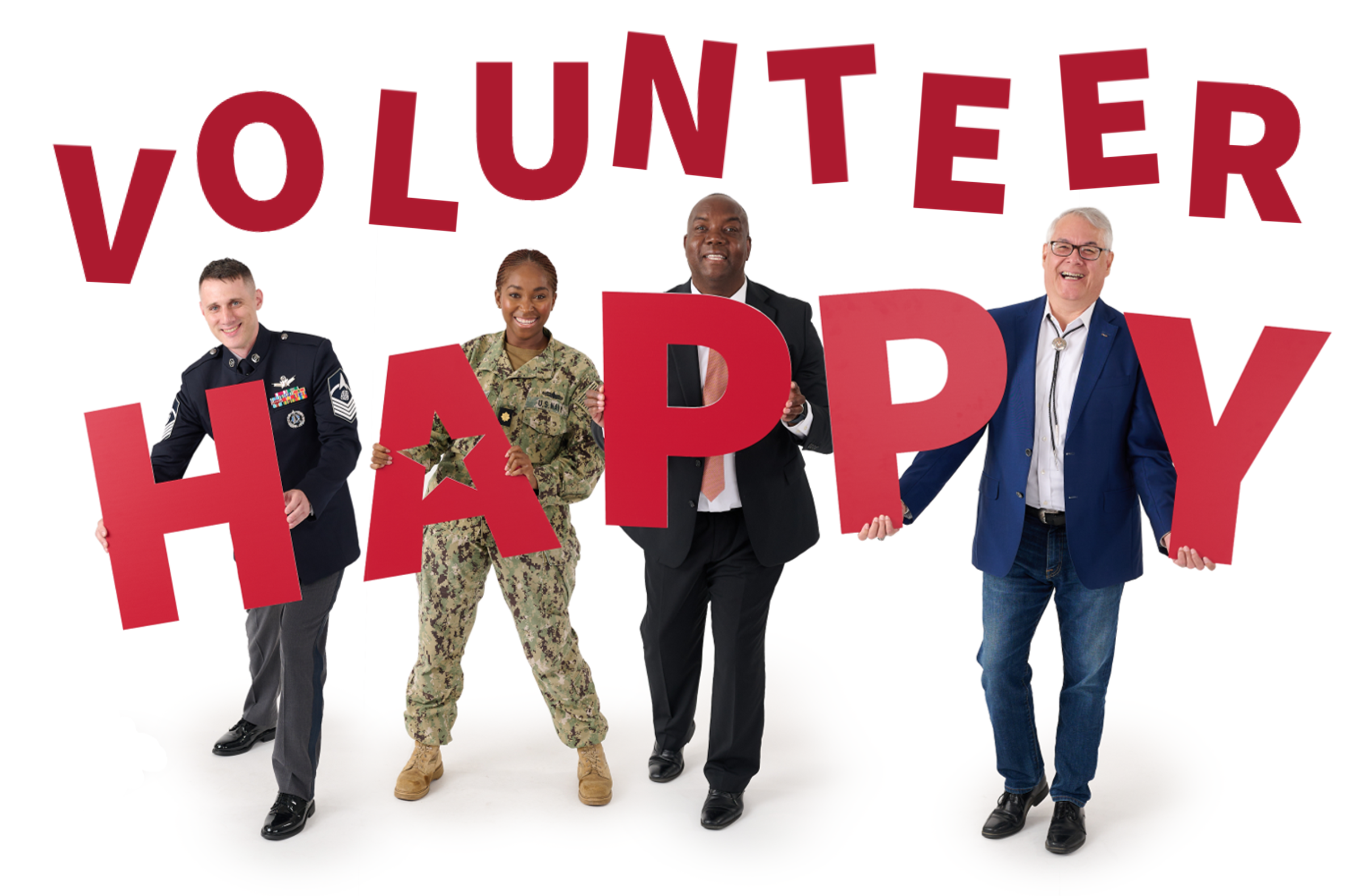 Four federal employees stand smiling with text "Volunteer Happy"
