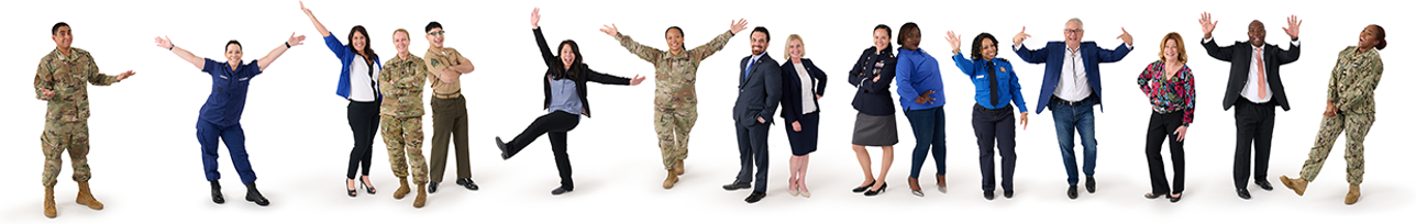 An image of 16 uniformed and civilian Federal employees looking happy in various poses