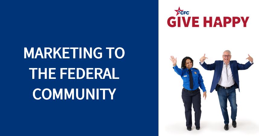 Two federal employees gesticulate happily with text "Marketing to the Federal Community"