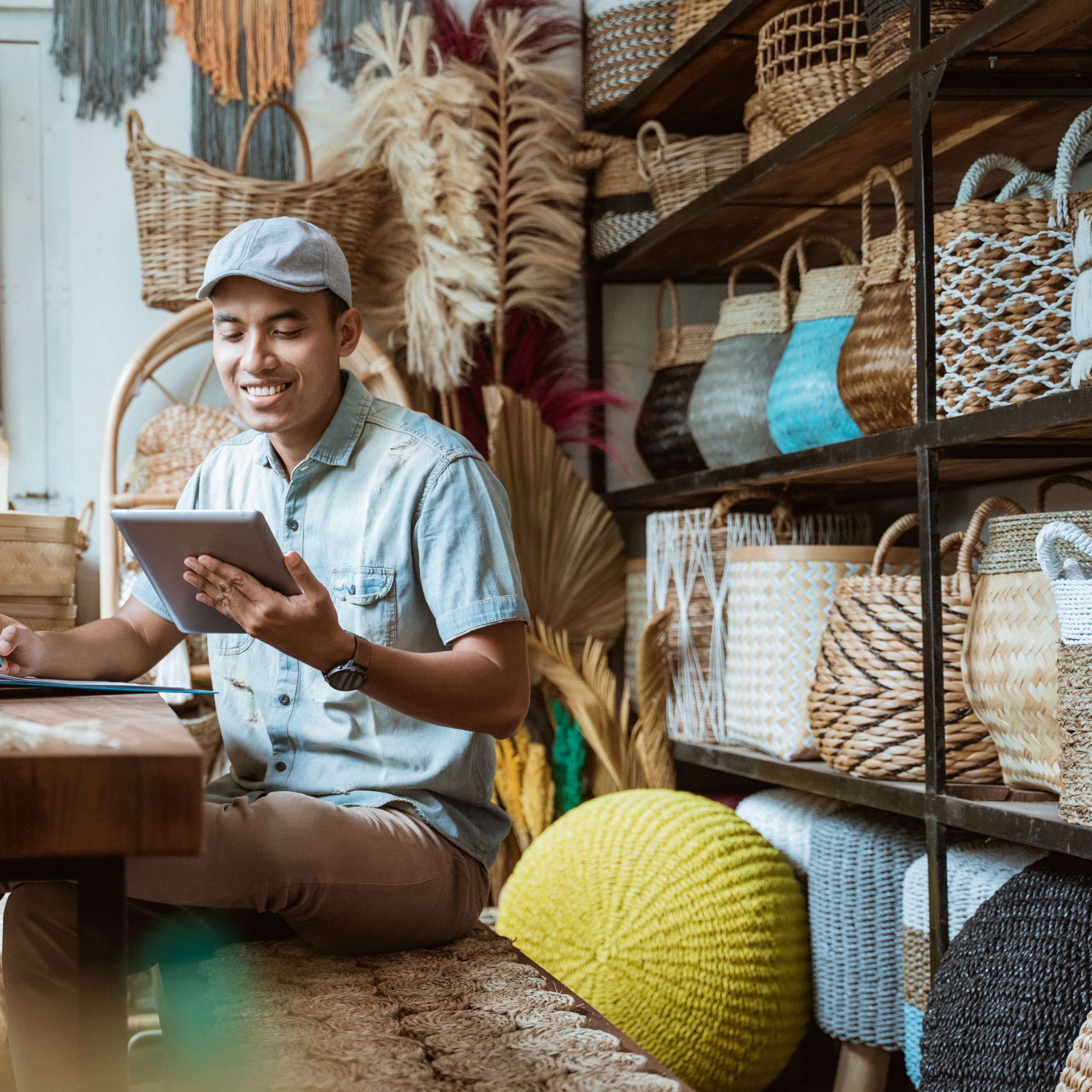 A man in his small business selling baskets