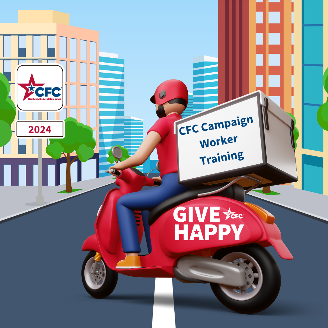 Cartoon drawing of a moped delivery driver in a city with "GIVE HAPPY" on the bike and "Campaign Worker Training" on the delivery box