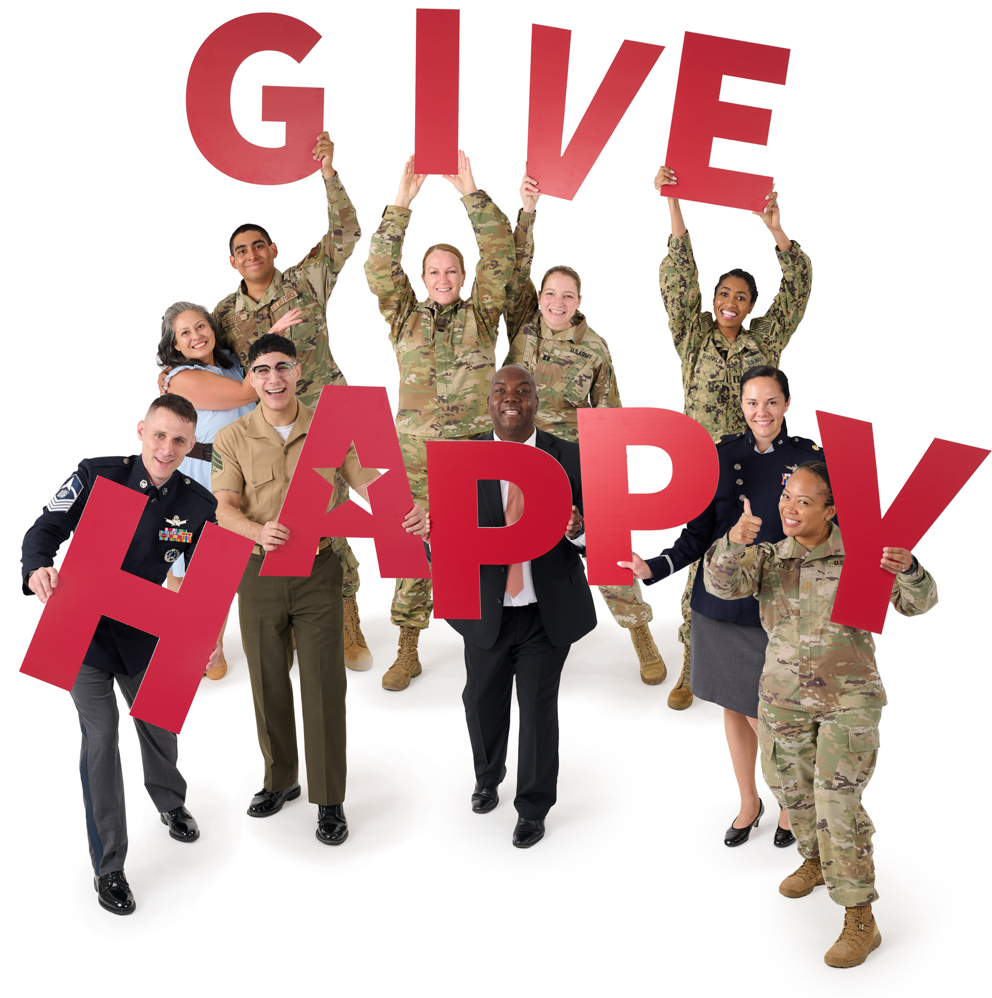 Dod Service members holding GIVE HAPPY
