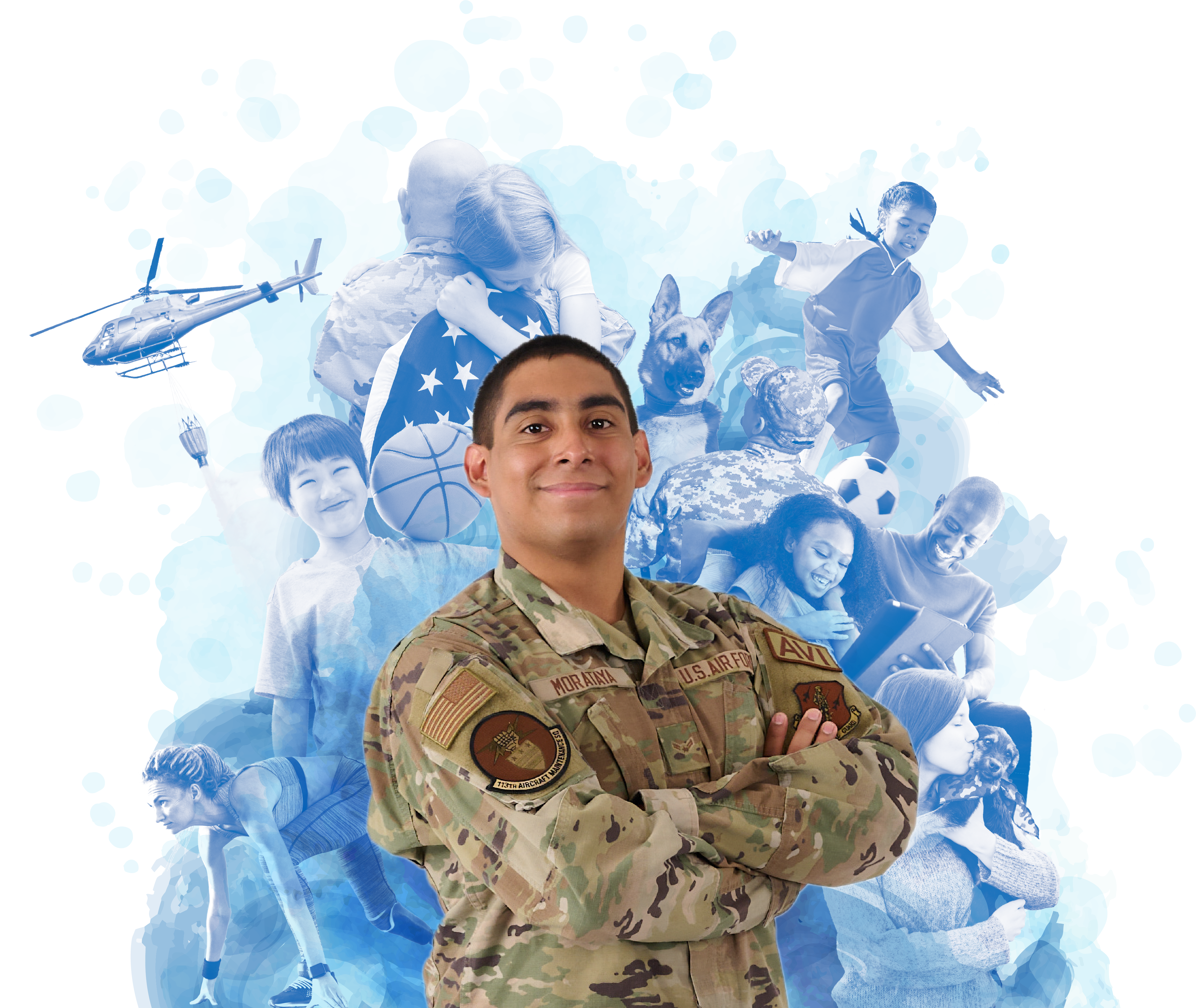 USAF airman stands proudly in front of a collage of charitable cause images