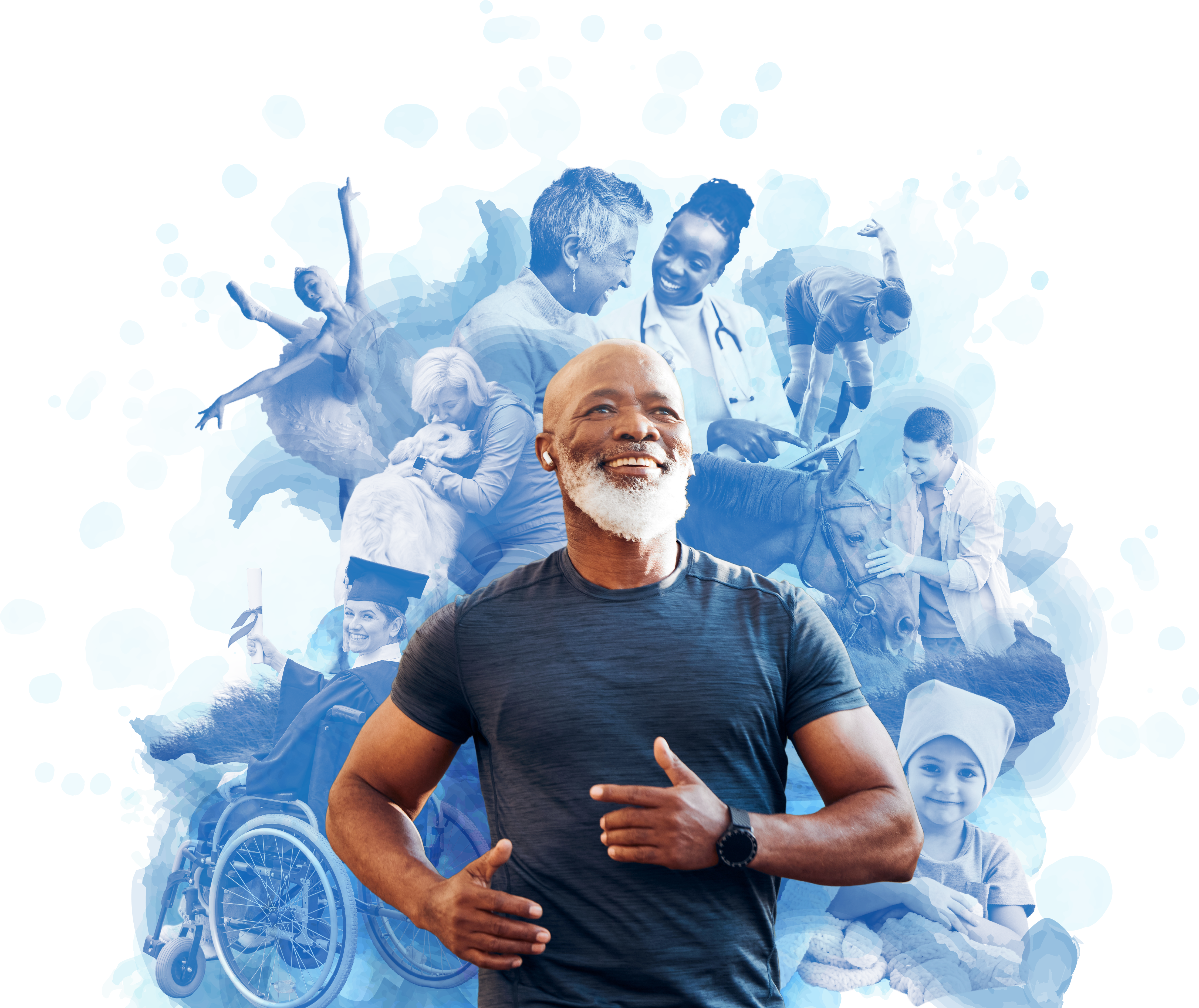 A man jogs and smiles in front of a cloud of charitable cause images