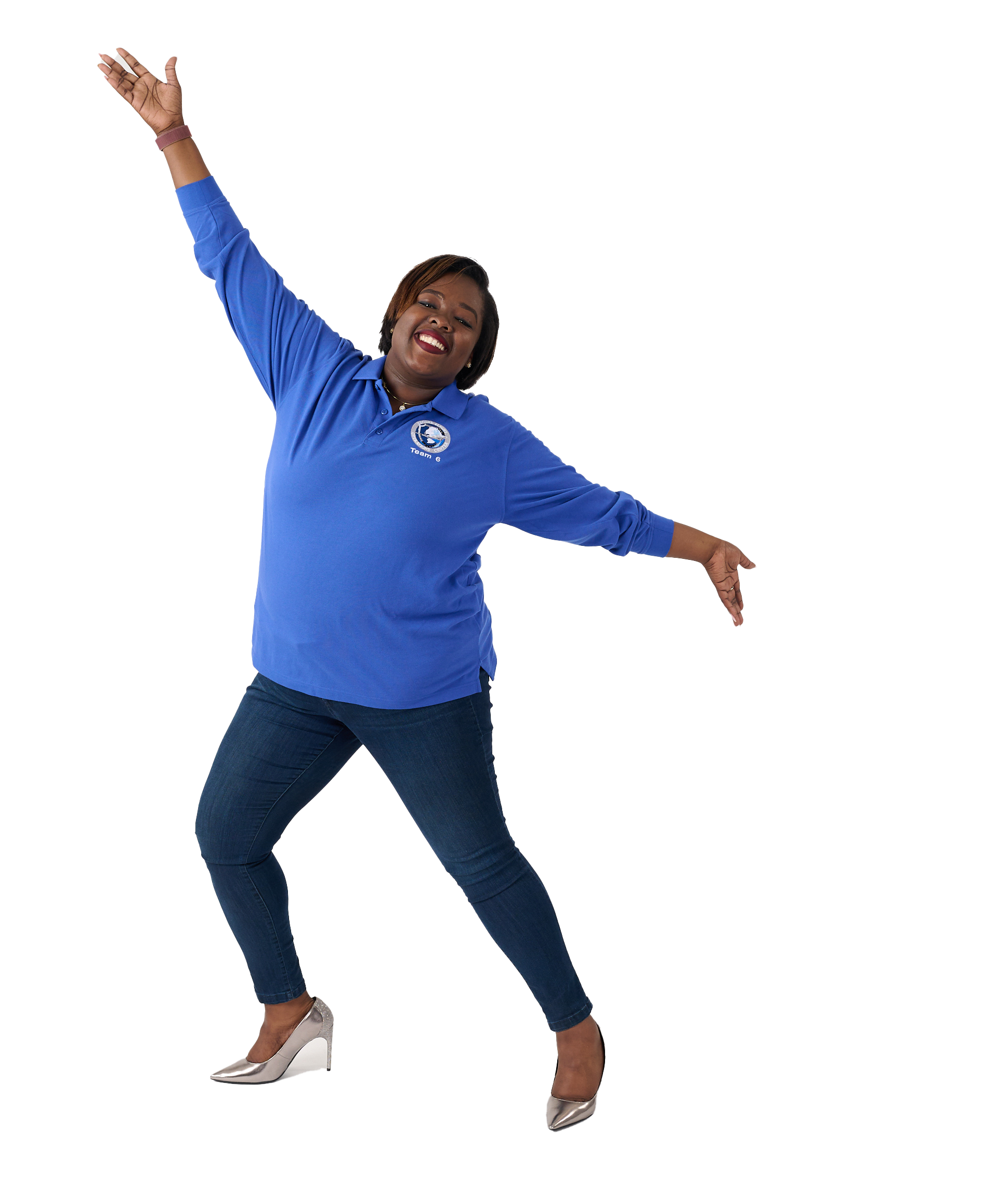 Federal employee holding her hand up