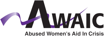 AWAIC logo with black text of name and a purple ribbons flowing through it. 