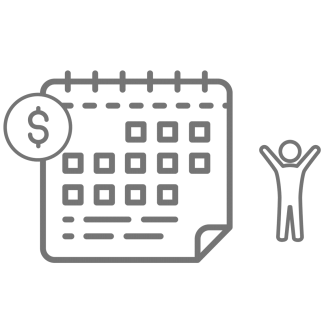Grey calendar icon with a $ and a stick figure