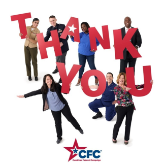 Various Federal employees and uniformed service members hold large red letter spelling THANK YOU